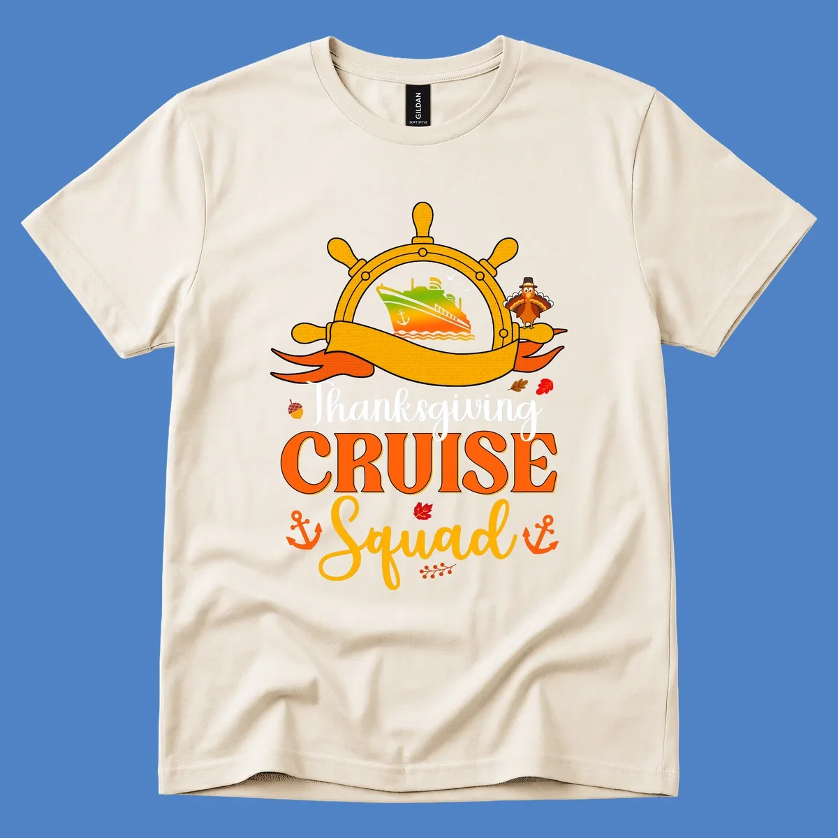 Thanksgiving cruise squad design with ship's wheel, cruise ship, pilgrim turkey, anchors, and autumn leaves on gray background