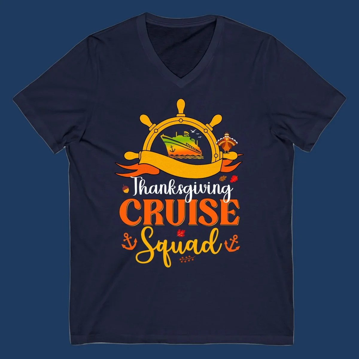Thanksgiving cruise squad design with ship's wheel, cruise ship, pilgrim turkey, anchors, and autumn leaves on gray background