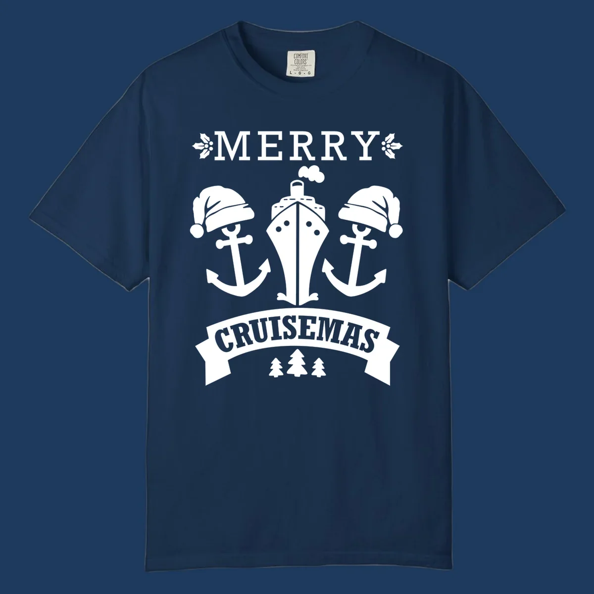 Merry Cruisemas nautical design featuring two Santa-hatted anchors and a ship with holly and evergreen trees on gray background.