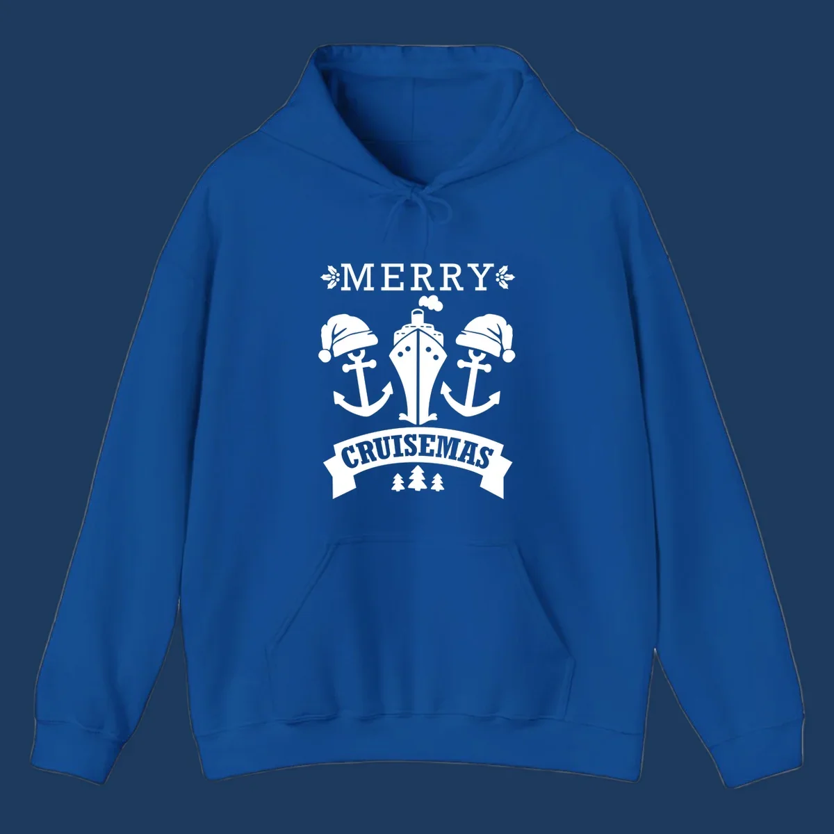 Merry Cruisemas nautical design featuring two Santa-hatted anchors and a ship with holly and evergreen trees on gray background.
