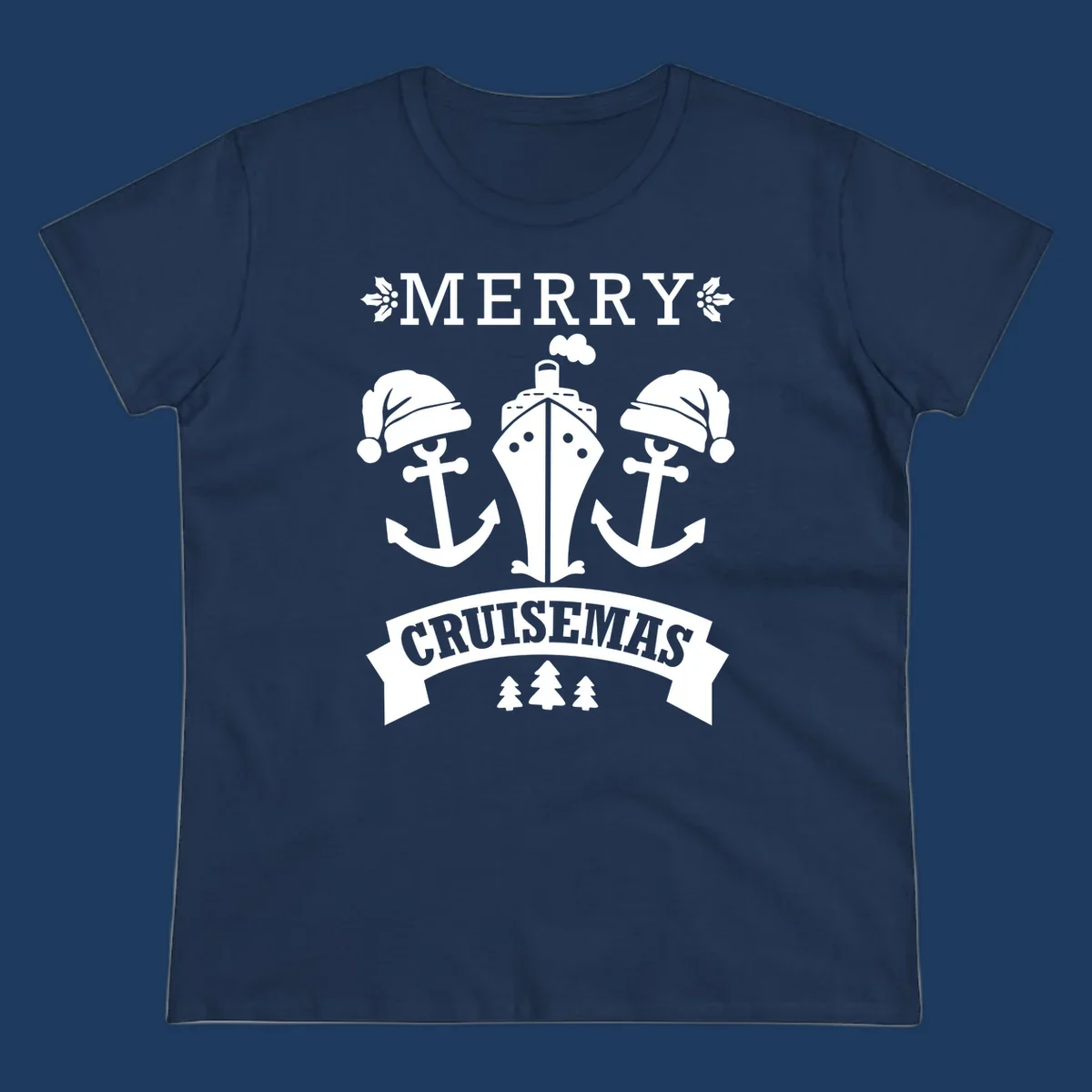 Merry Cruisemas nautical design featuring two Santa-hatted anchors and a ship with holly and evergreen trees on gray background.