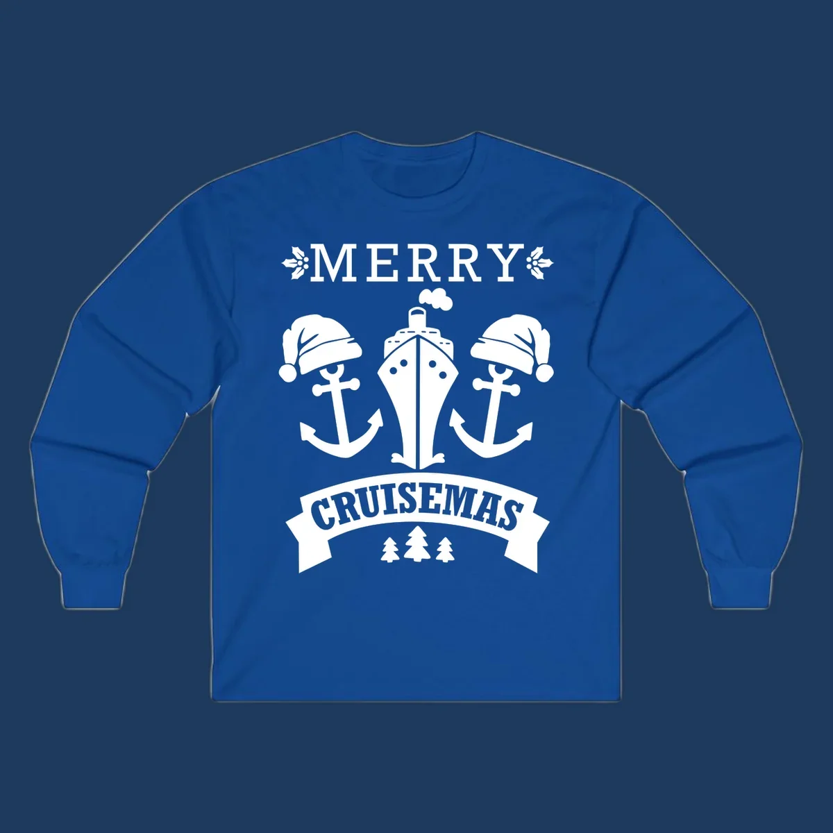 Merry Cruisemas nautical design featuring two Santa-hatted anchors and a ship with holly and evergreen trees on gray background.