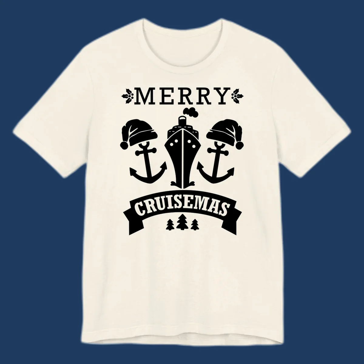 Merry Cruisemas nautical design featuring two Santa-hatted anchors and a ship with holly and evergreen trees on gray background.