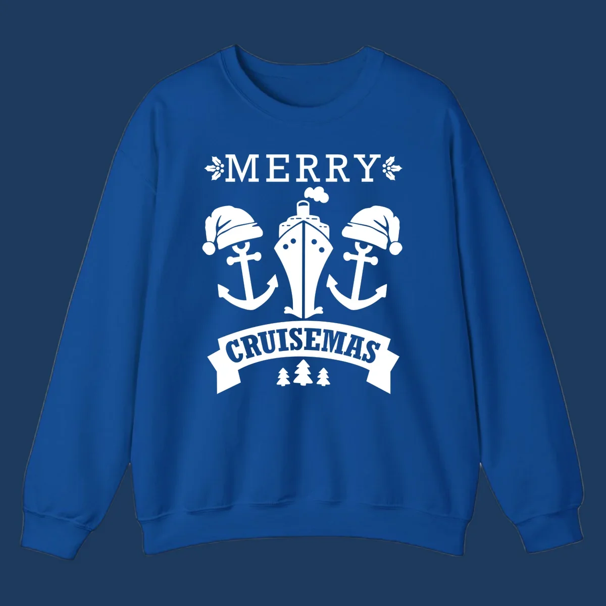 Merry Cruisemas nautical design featuring two Santa-hatted anchors and a ship with holly and evergreen trees on gray background.