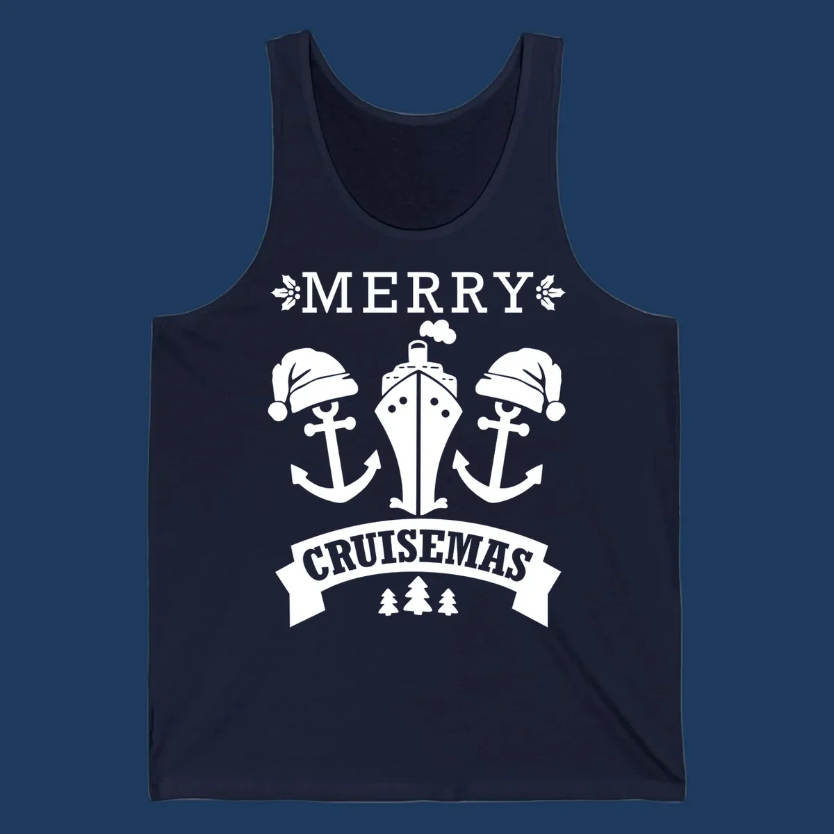 Merry Cruisemas nautical design featuring two Santa-hatted anchors and a ship with holly and evergreen trees on gray background.