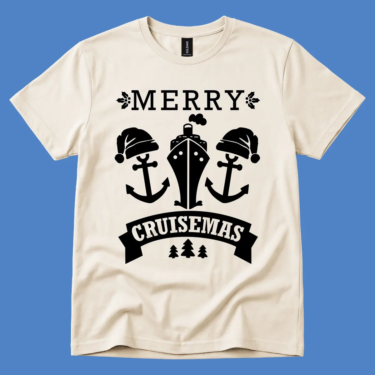 Merry Cruisemas nautical design featuring two Santa-hatted anchors and a ship with holly and evergreen trees on gray background.