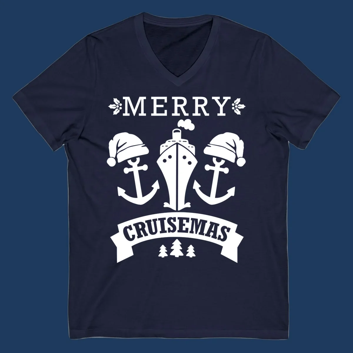 Merry Cruisemas nautical design featuring two Santa-hatted anchors and a ship with holly and evergreen trees on gray background.