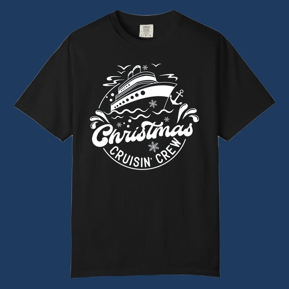 White line illustration of a cruise ship with snowflakes and ocean waves, text reads Christmas Cruisin' Crew in festive holiday style