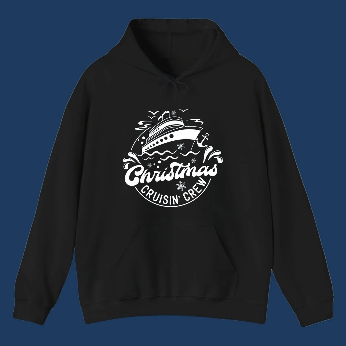 White line illustration of a cruise ship with snowflakes and ocean waves, text reads Christmas Cruisin' Crew in festive holiday style