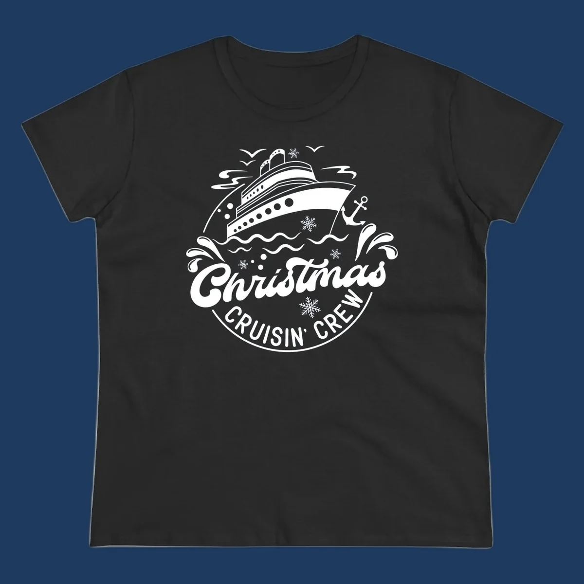 White line illustration of a cruise ship with snowflakes and ocean waves, text reads Christmas Cruisin' Crew in festive holiday style