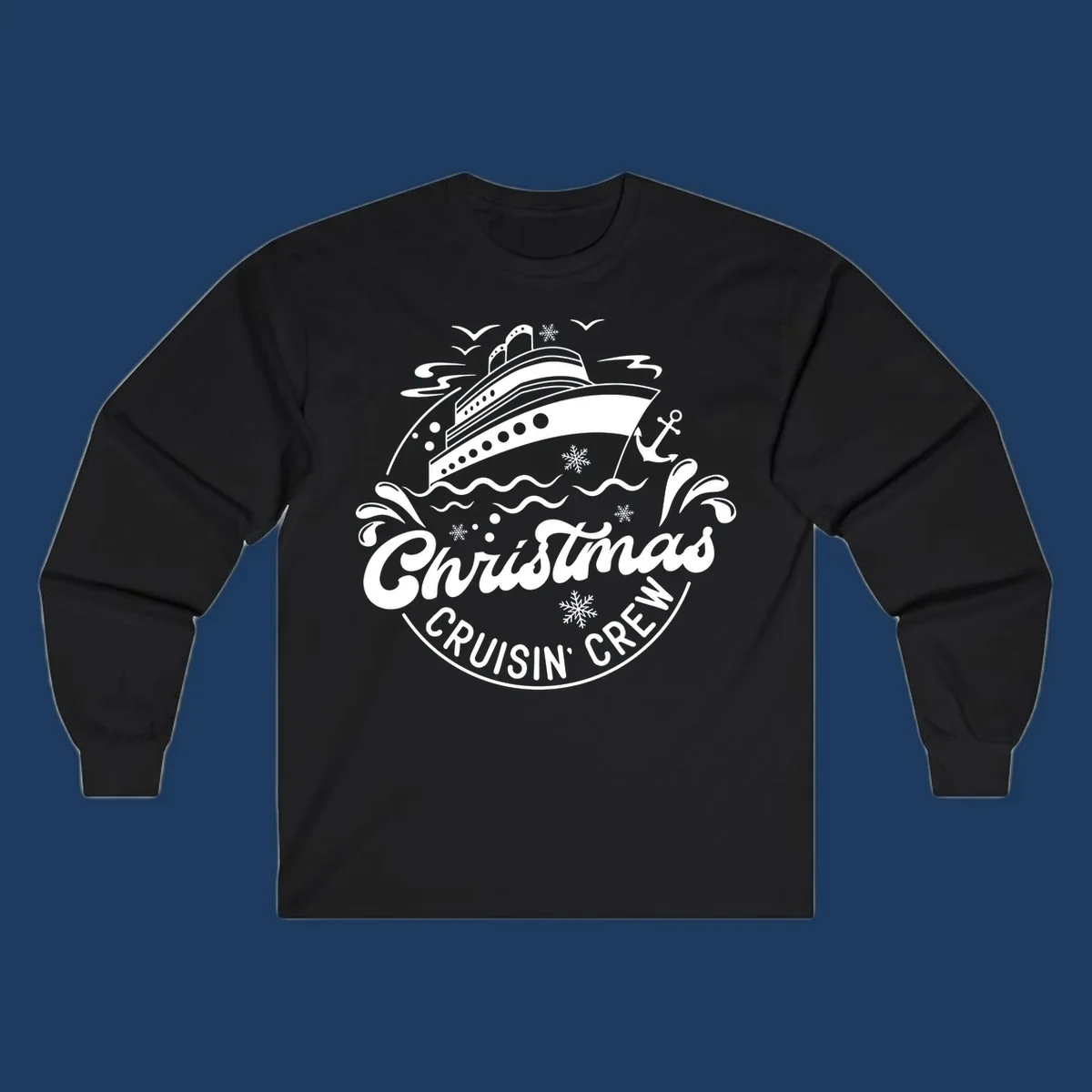 White line illustration of a cruise ship with snowflakes and ocean waves, text reads Christmas Cruisin' Crew in festive holiday style