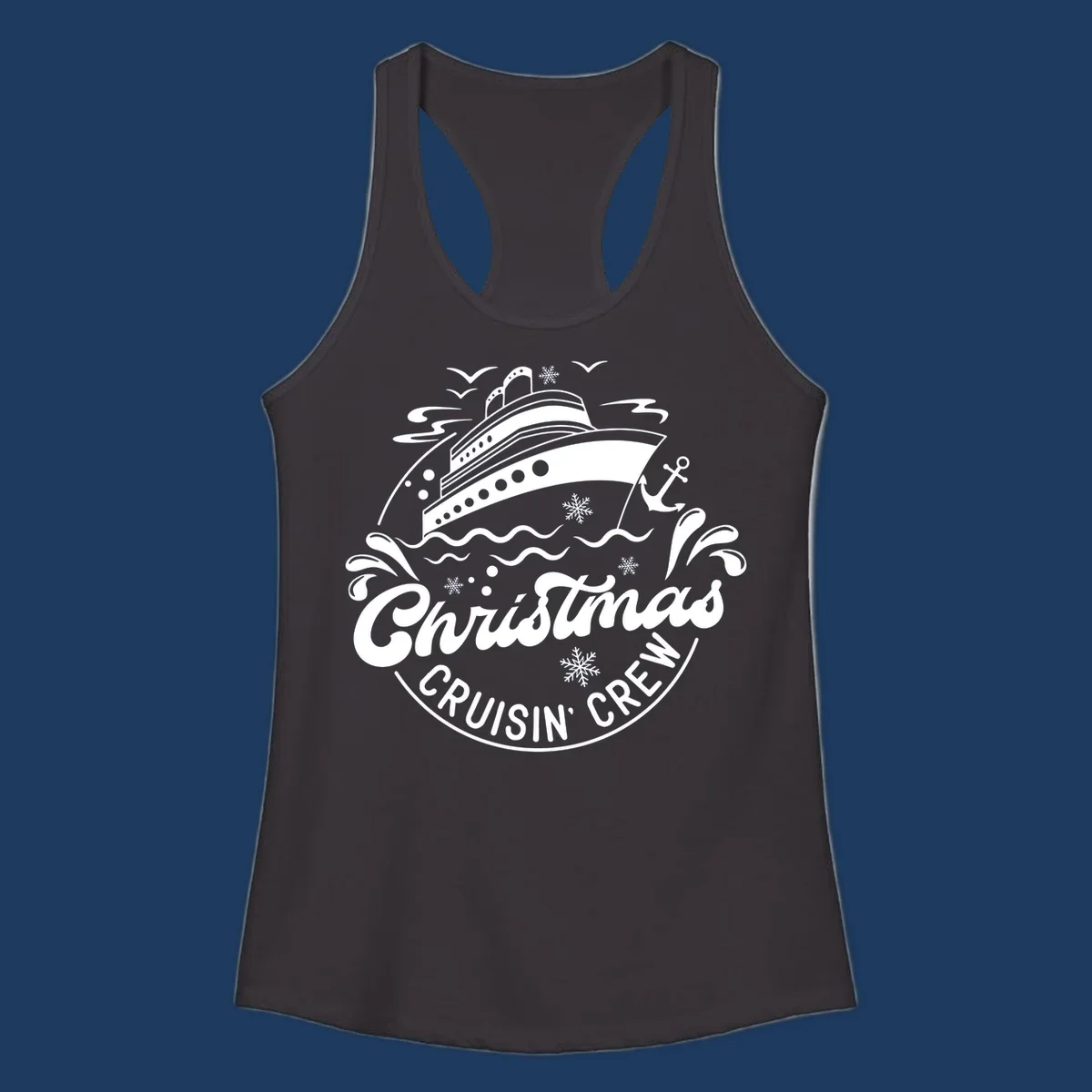 White line illustration of a cruise ship with snowflakes and ocean waves, text reads Christmas Cruisin' Crew in festive holiday style