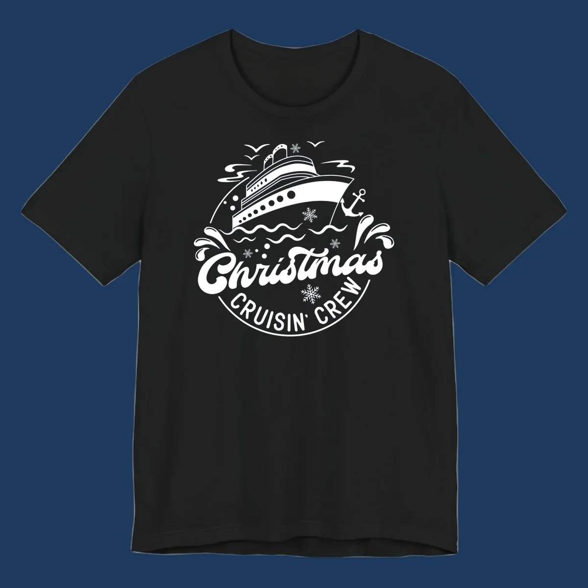 White line illustration of a cruise ship with snowflakes and ocean waves, text reads Christmas Cruisin' Crew in festive holiday style