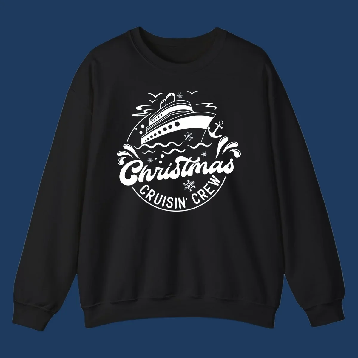 White line illustration of a cruise ship with snowflakes and ocean waves, text reads Christmas Cruisin' Crew in festive holiday style