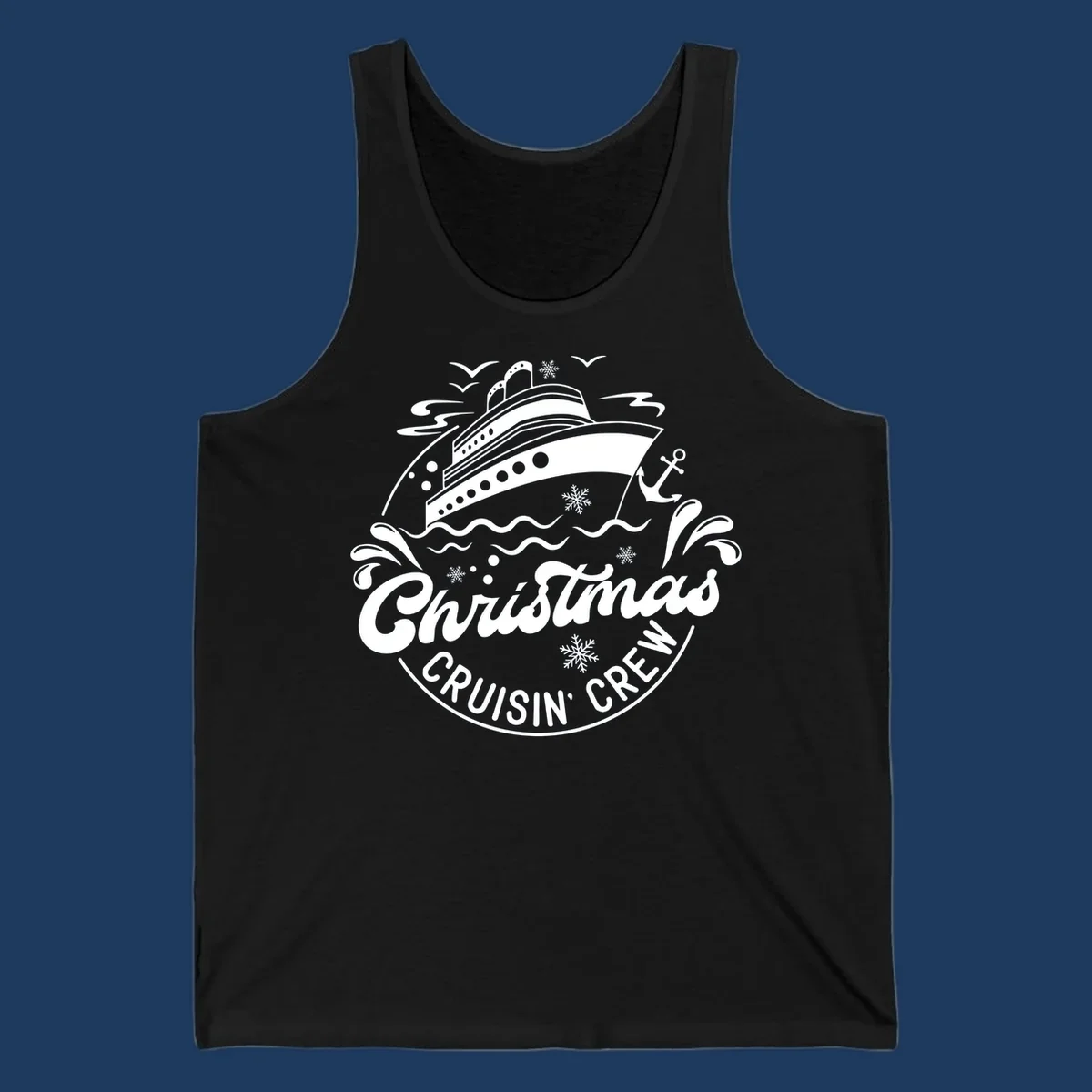 White line illustration of a cruise ship with snowflakes and ocean waves, text reads Christmas Cruisin' Crew in festive holiday style