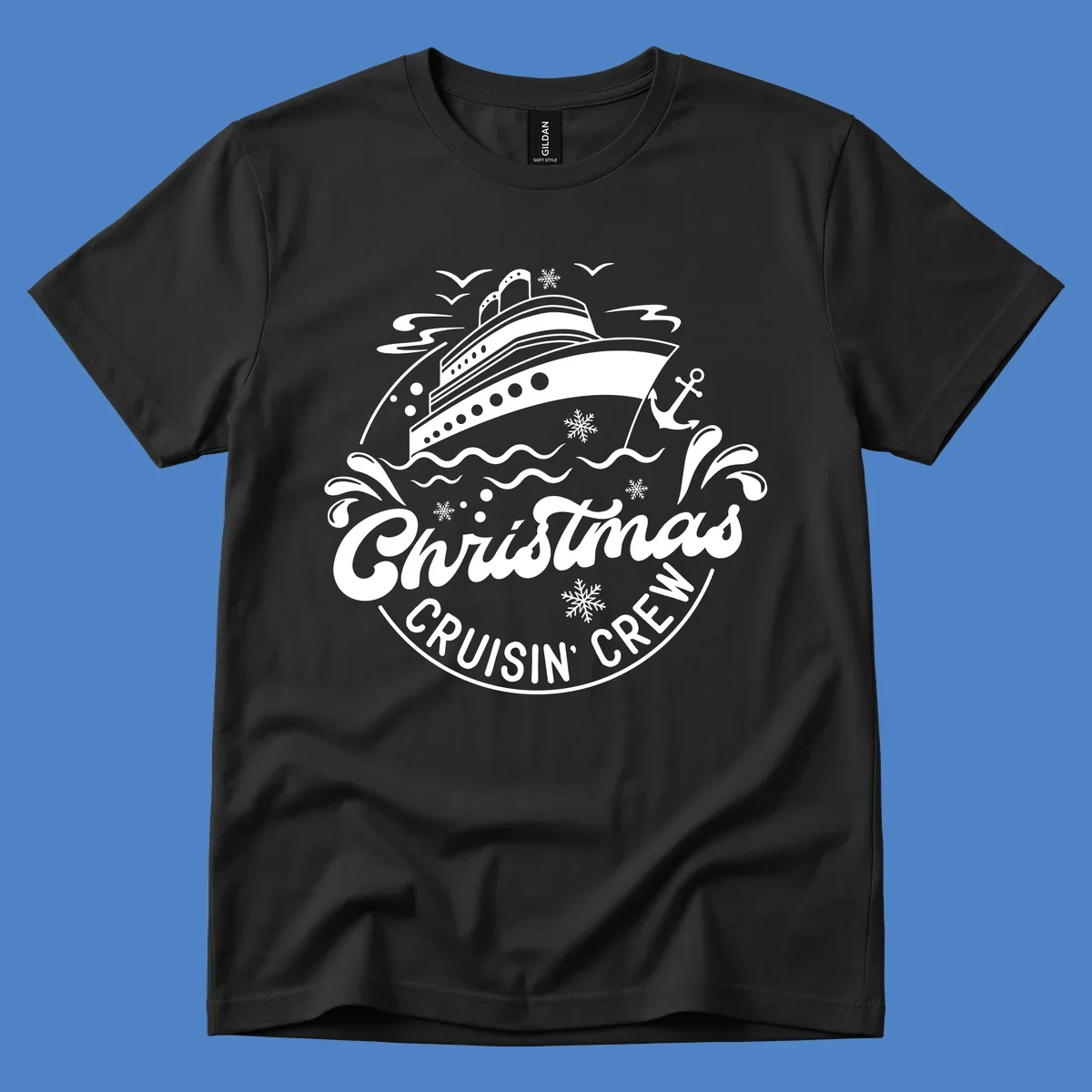 White line illustration of a cruise ship with snowflakes and ocean waves, text reads Christmas Cruisin' Crew in festive holiday style