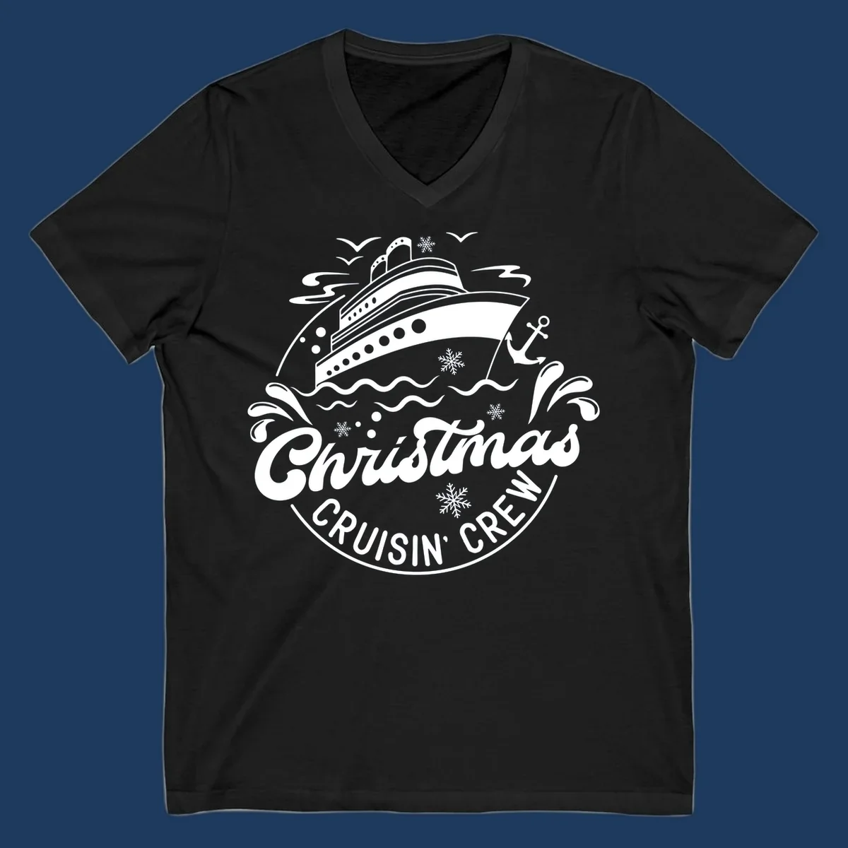White line illustration of a cruise ship with snowflakes and ocean waves, text reads Christmas Cruisin' Crew in festive holiday style