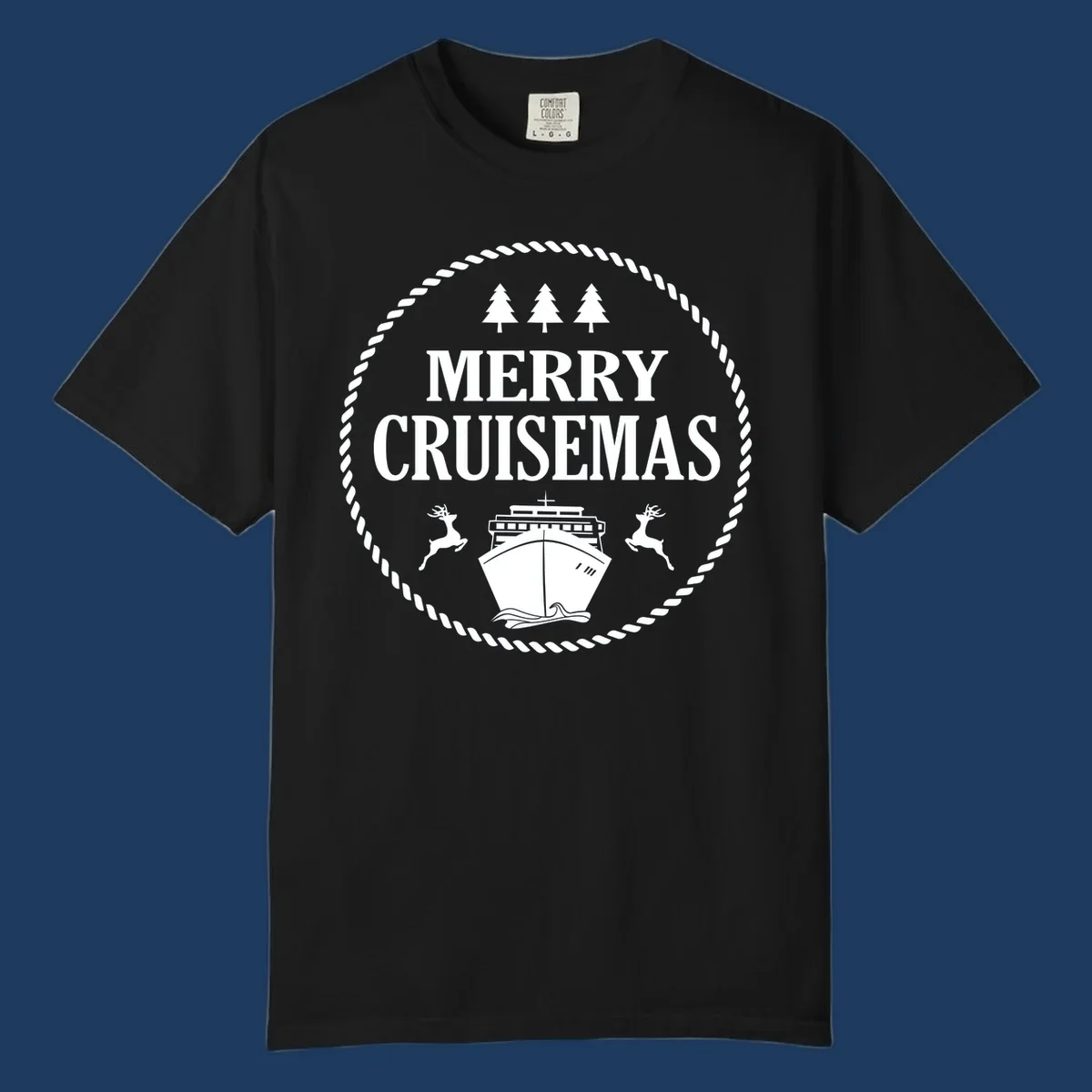 Merry Cruisemas design with cruise ship, reindeer, pine trees, and rope border in white on gray background