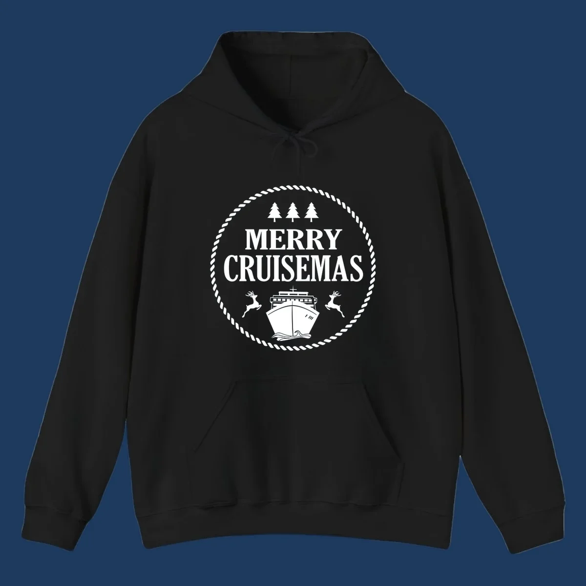 Merry Cruisemas design with cruise ship, reindeer, pine trees, and rope border in white on gray background
