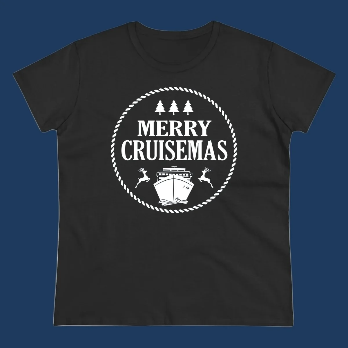 Merry Cruisemas design with cruise ship, reindeer, pine trees, and rope border in white on gray background