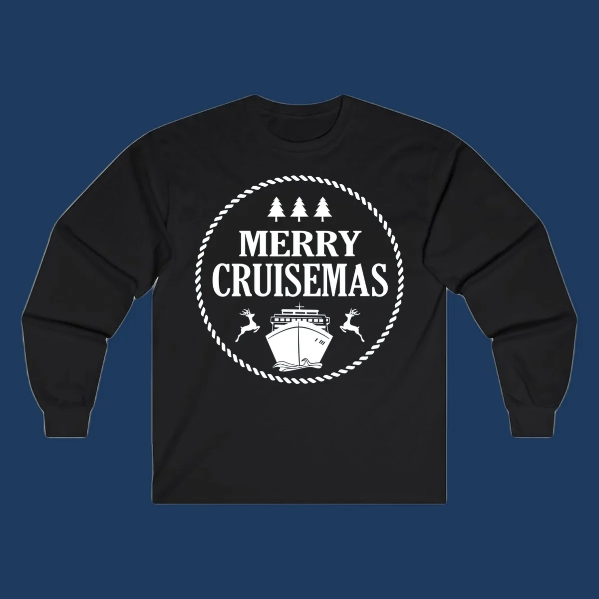 Merry Cruisemas design with cruise ship, reindeer, pine trees, and rope border in white on gray background