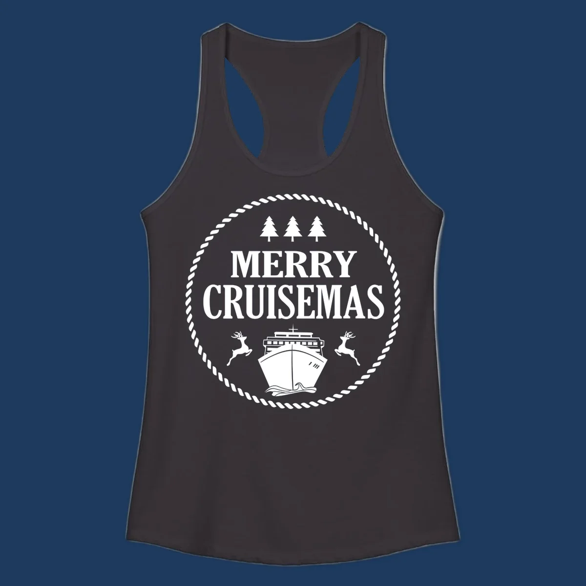 Merry Cruisemas design with cruise ship, reindeer, pine trees, and rope border in white on gray background