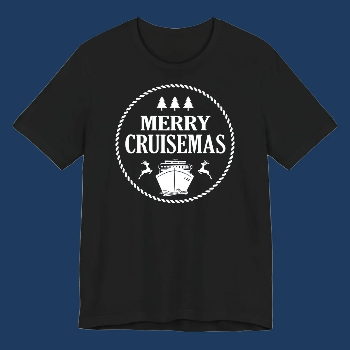Merry Cruisemas design with cruise ship, reindeer, pine trees, and rope border in white on gray background