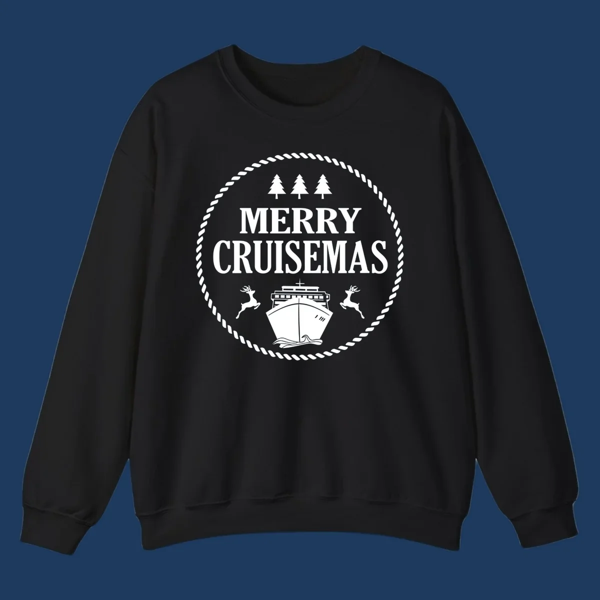 Merry Cruisemas design with cruise ship, reindeer, pine trees, and rope border in white on gray background