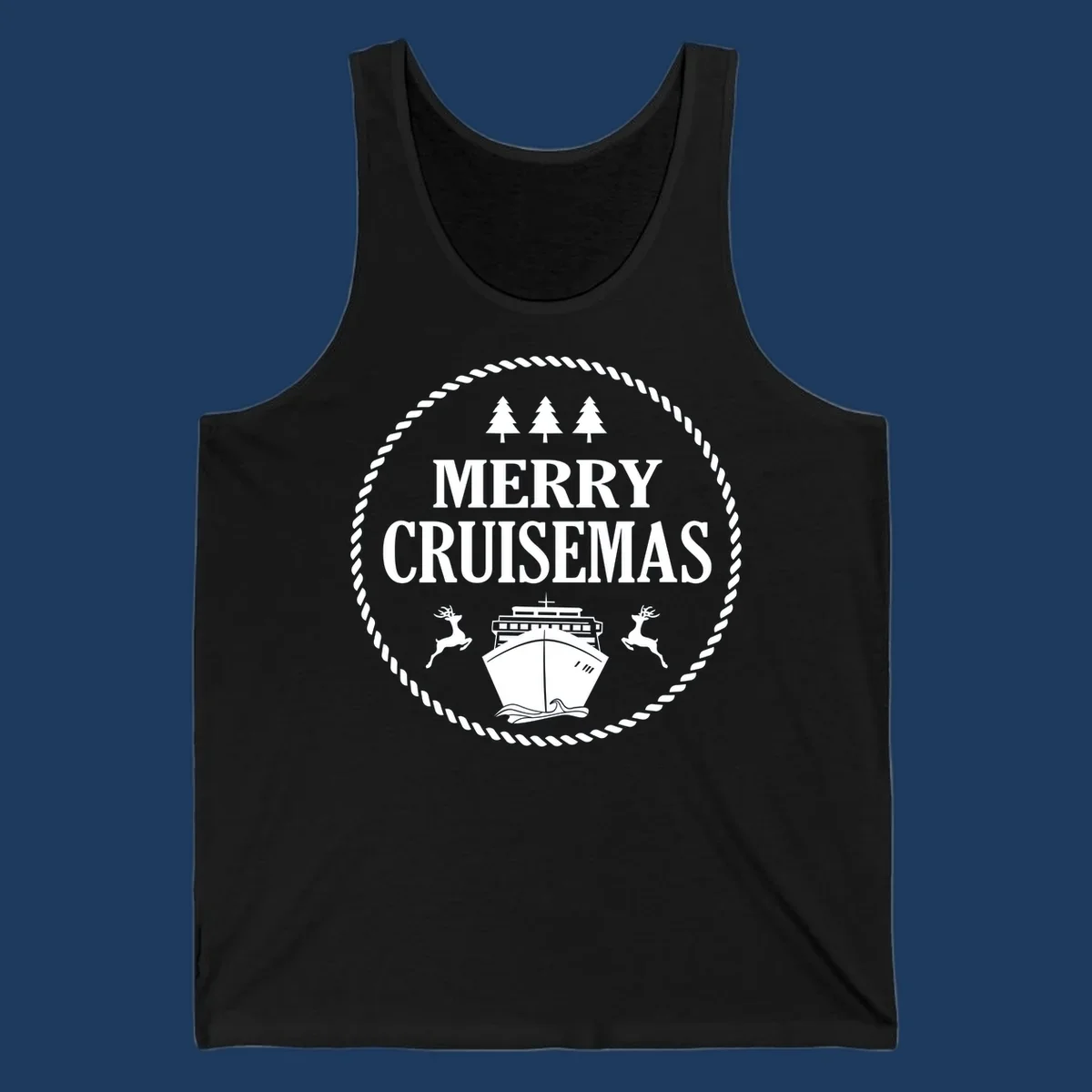 Merry Cruisemas design with cruise ship, reindeer, pine trees, and rope border in white on gray background