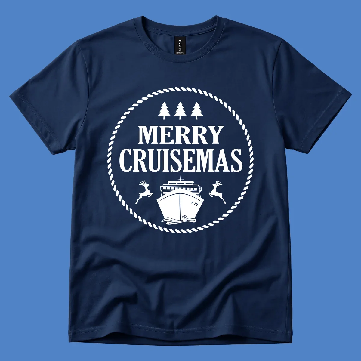 Merry Cruisemas design with cruise ship, reindeer, pine trees, and rope border in white on gray background