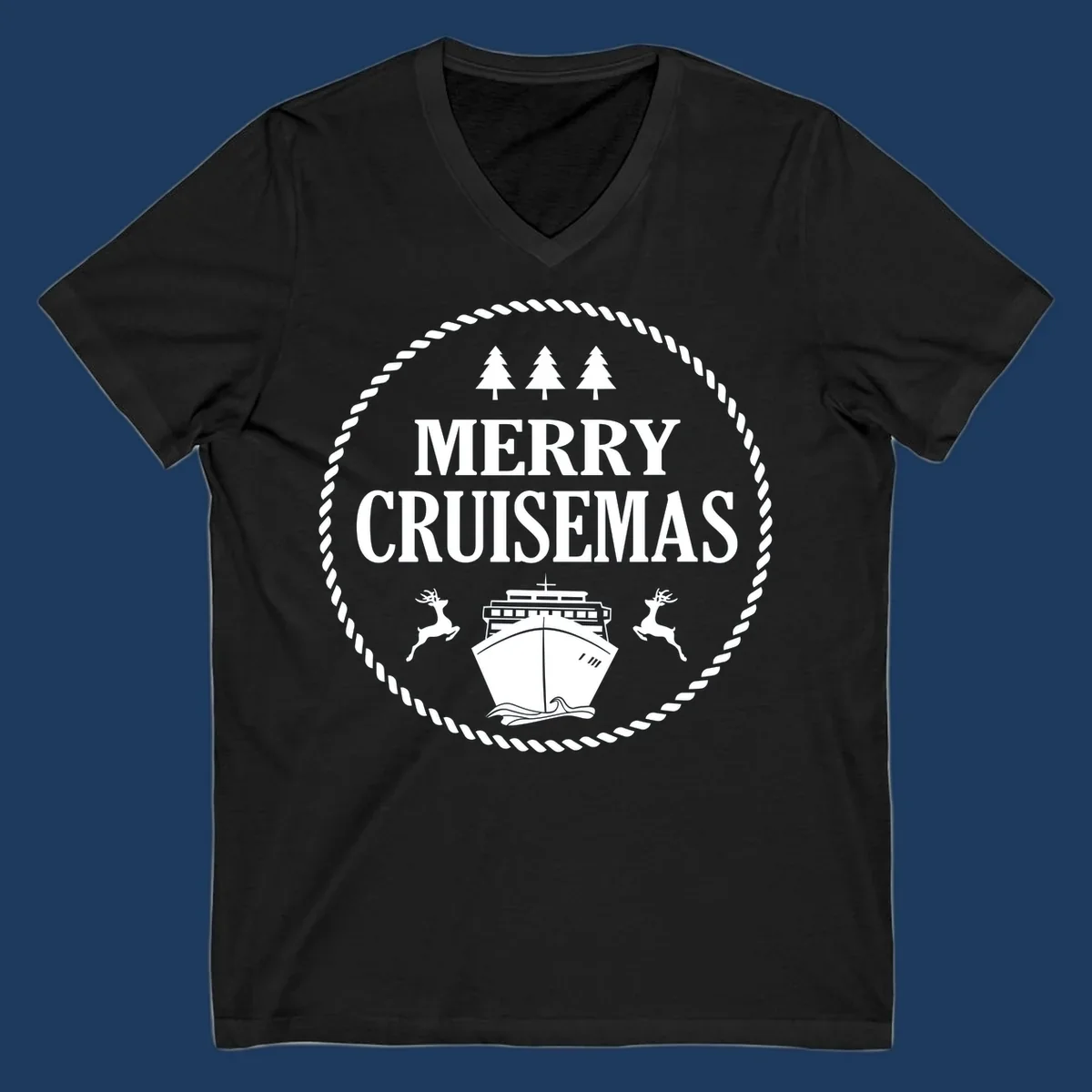 Merry Cruisemas design with cruise ship, reindeer, pine trees, and rope border in white on gray background
