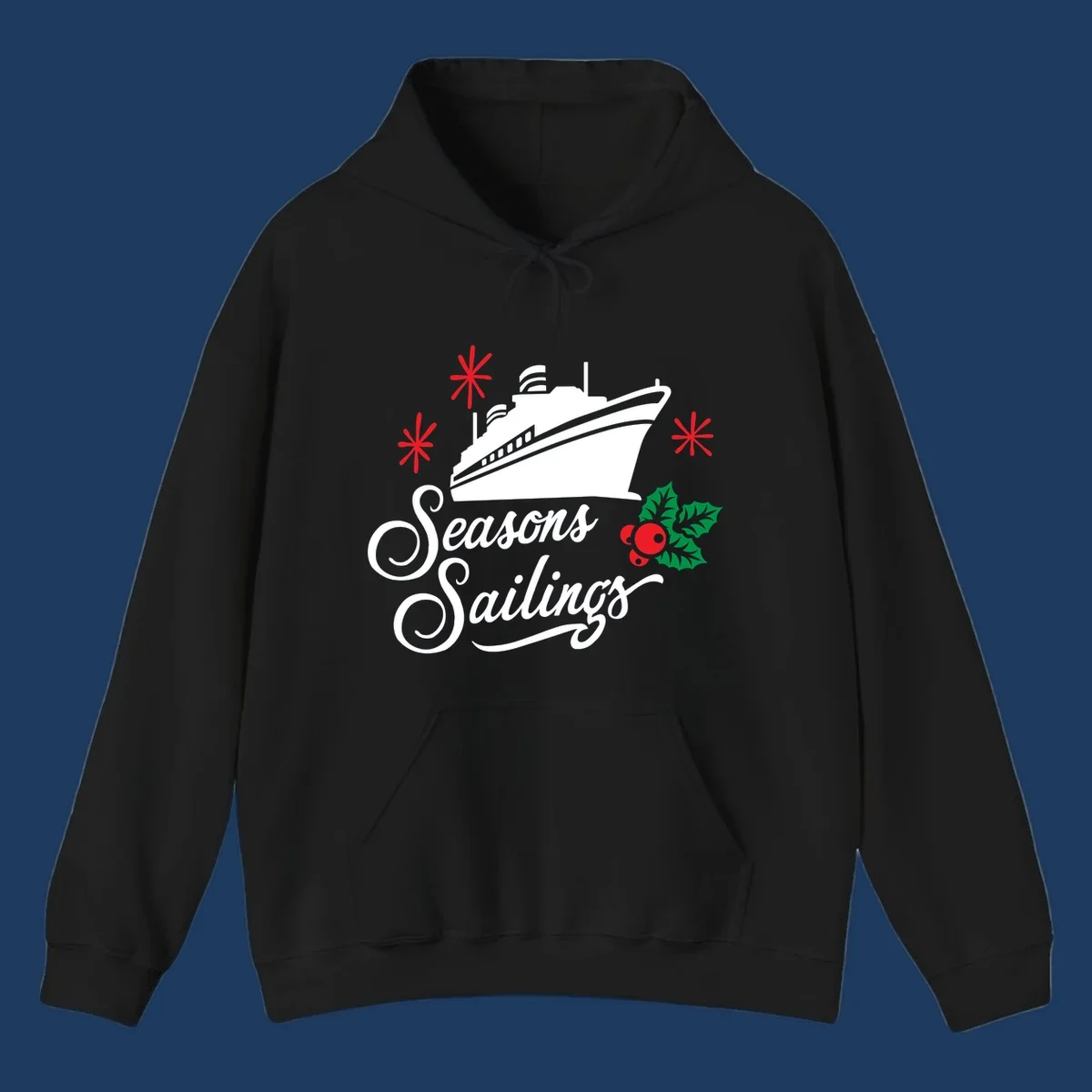 Seasons Sailings design with white cruise ship, red snowflakes, and green holly berries on gray background