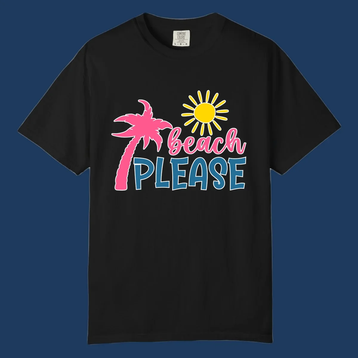 Beach please tropical design with hot pink palm tree, yellow sun, and playful text on gray background