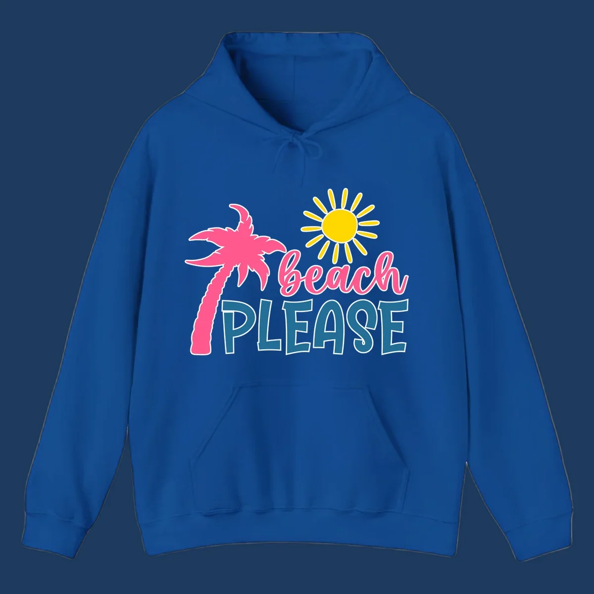 Beach please tropical design with hot pink palm tree, yellow sun, and playful text on gray background