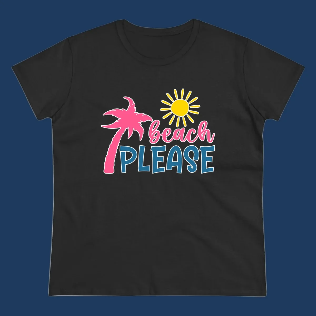 Beach please tropical design with hot pink palm tree, yellow sun, and playful text on gray background