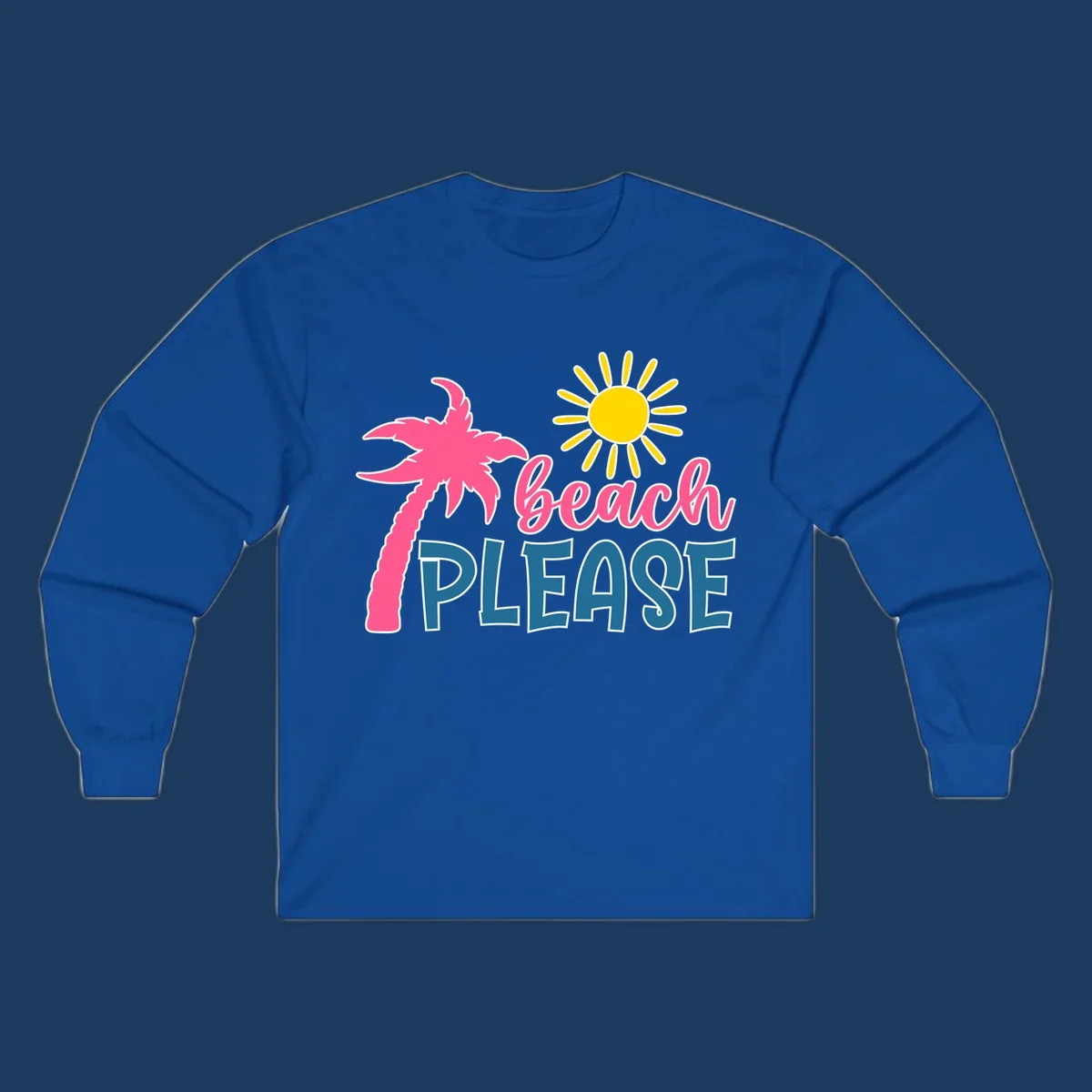 Beach please tropical design with hot pink palm tree, yellow sun, and playful text on gray background