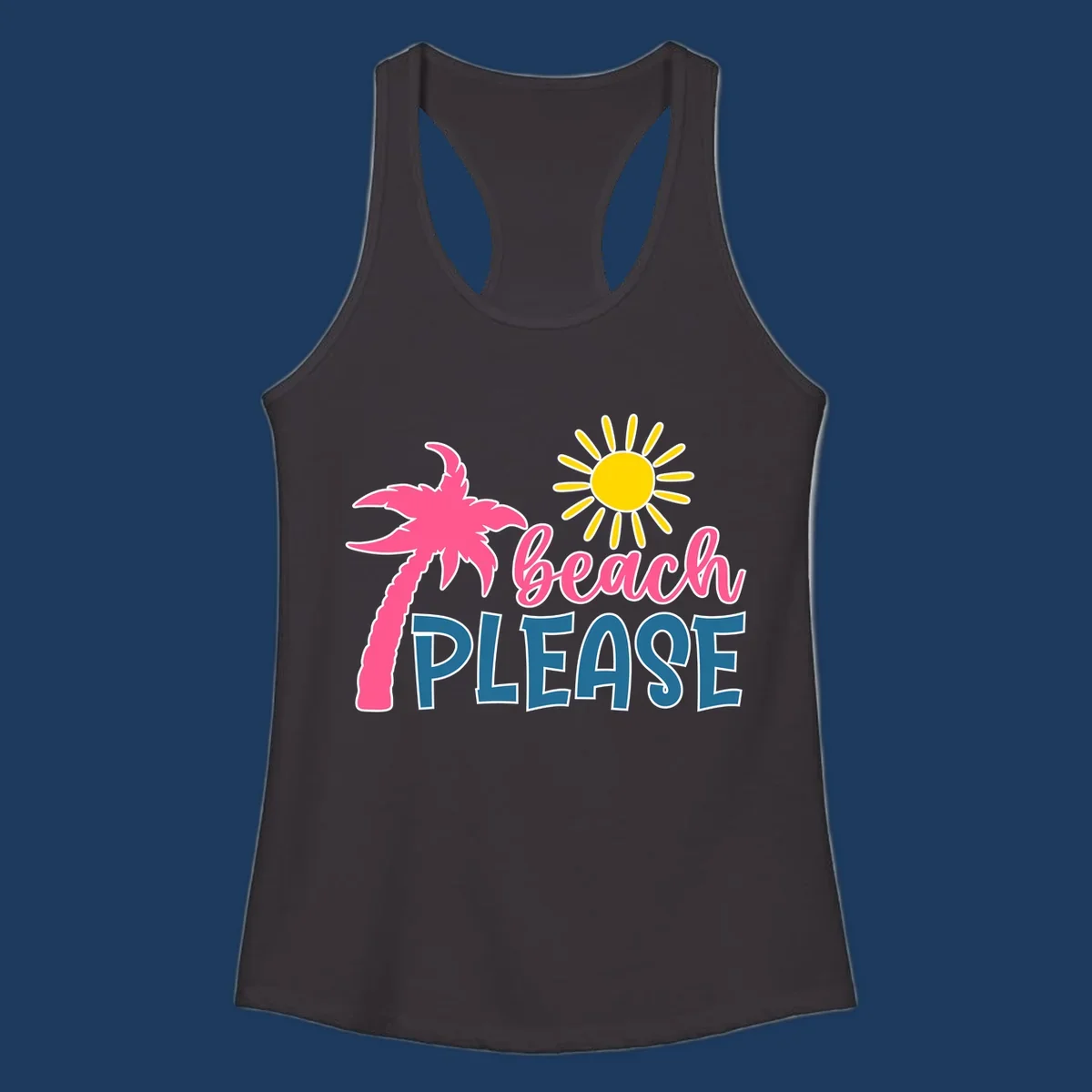 Beach please tropical design with hot pink palm tree, yellow sun, and playful text on gray background