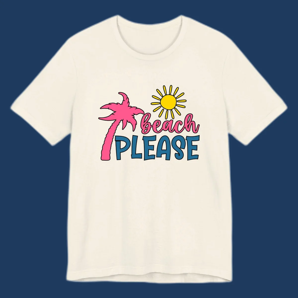 Beach please tropical design with hot pink palm tree, yellow sun, and playful text on gray background