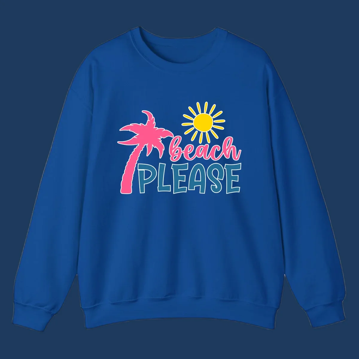 Beach please tropical design with hot pink palm tree, yellow sun, and playful text on gray background