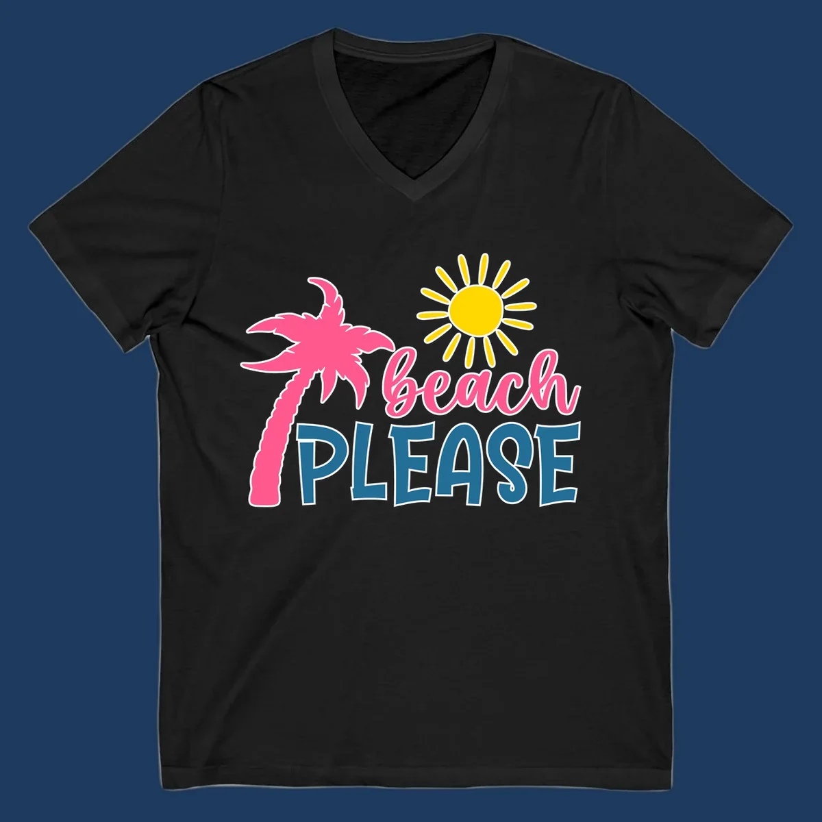 Beach please tropical design with hot pink palm tree, yellow sun, and playful text on gray background