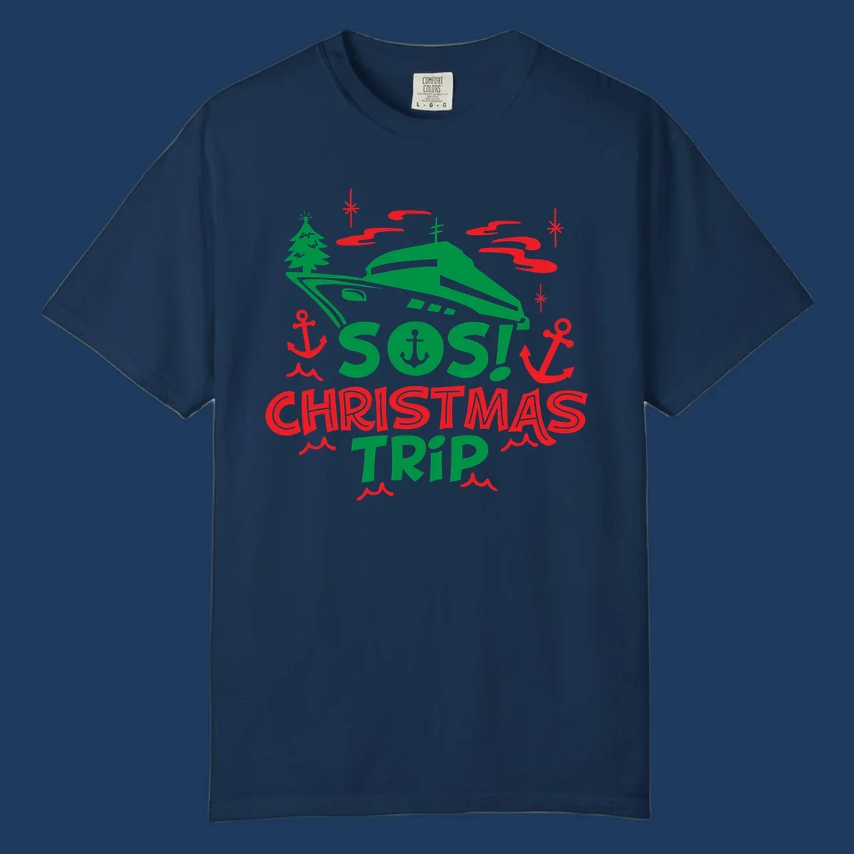 SOS Christmas cruise trip design with green ship, red anchors, Christmas trees, and festive nautical elements on gray background