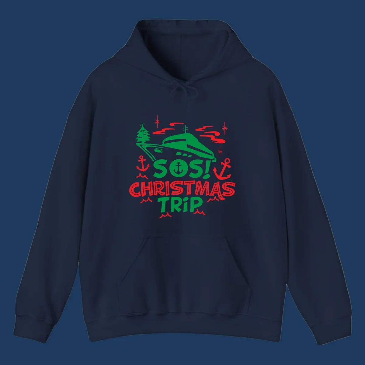 SOS Christmas cruise trip design with green ship, red anchors, Christmas trees, and festive nautical elements on gray background