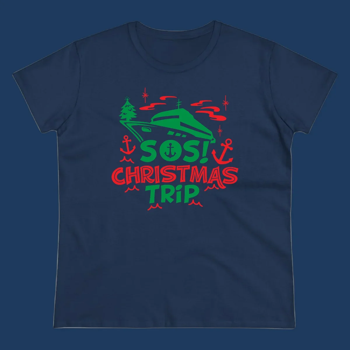 SOS Christmas cruise trip design with green ship, red anchors, Christmas trees, and festive nautical elements on gray background