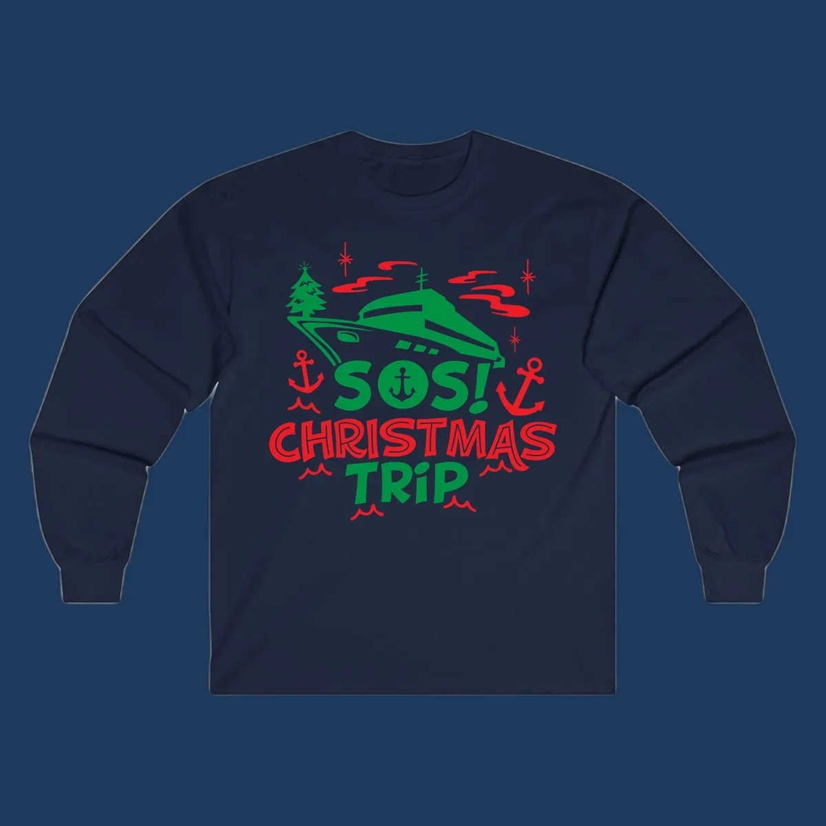 SOS Christmas cruise trip design with green ship, red anchors, Christmas trees, and festive nautical elements on gray background