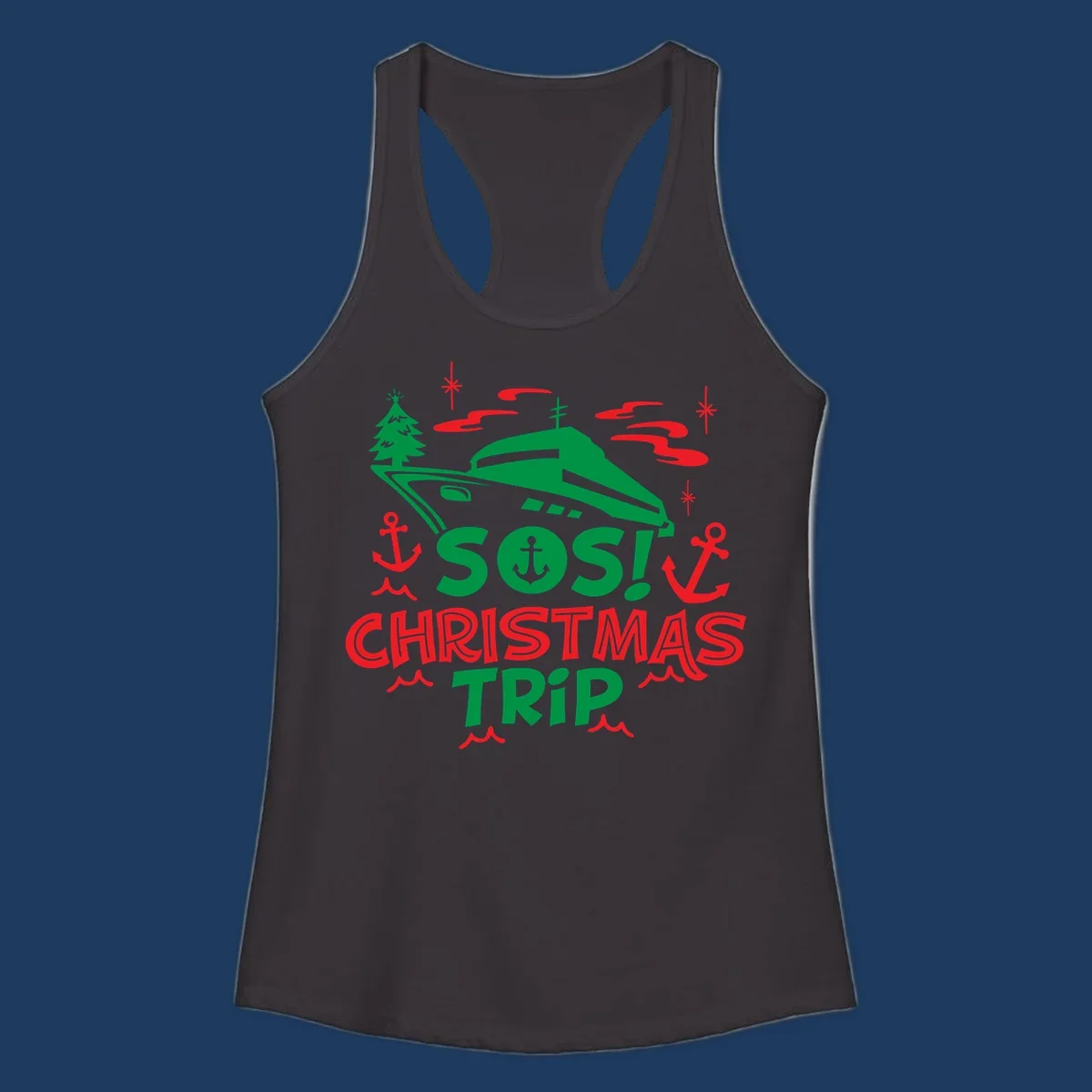 SOS Christmas cruise trip design with green ship, red anchors, Christmas trees, and festive nautical elements on gray background