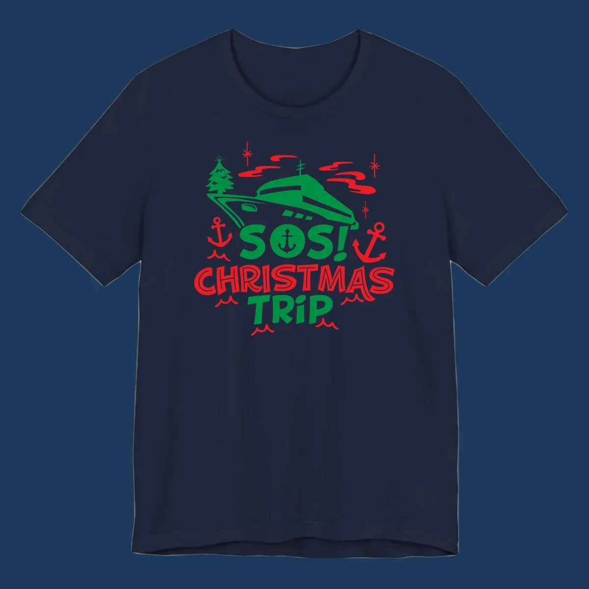 SOS Christmas cruise trip design with green ship, red anchors, Christmas trees, and festive nautical elements on gray background