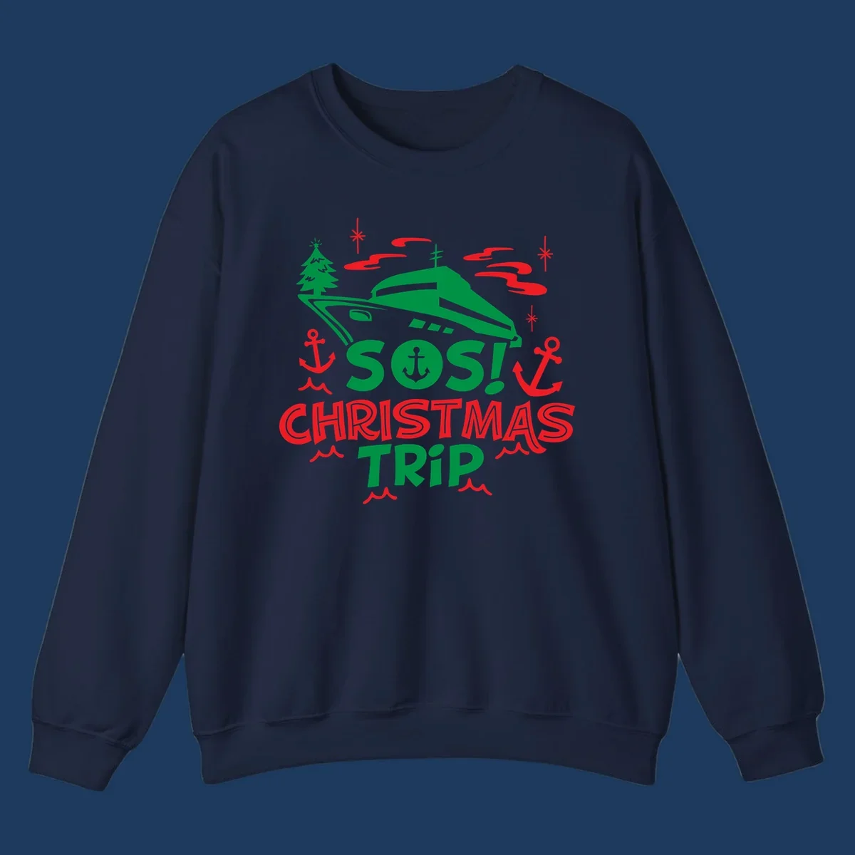 SOS Christmas cruise trip design with green ship, red anchors, Christmas trees, and festive nautical elements on gray background