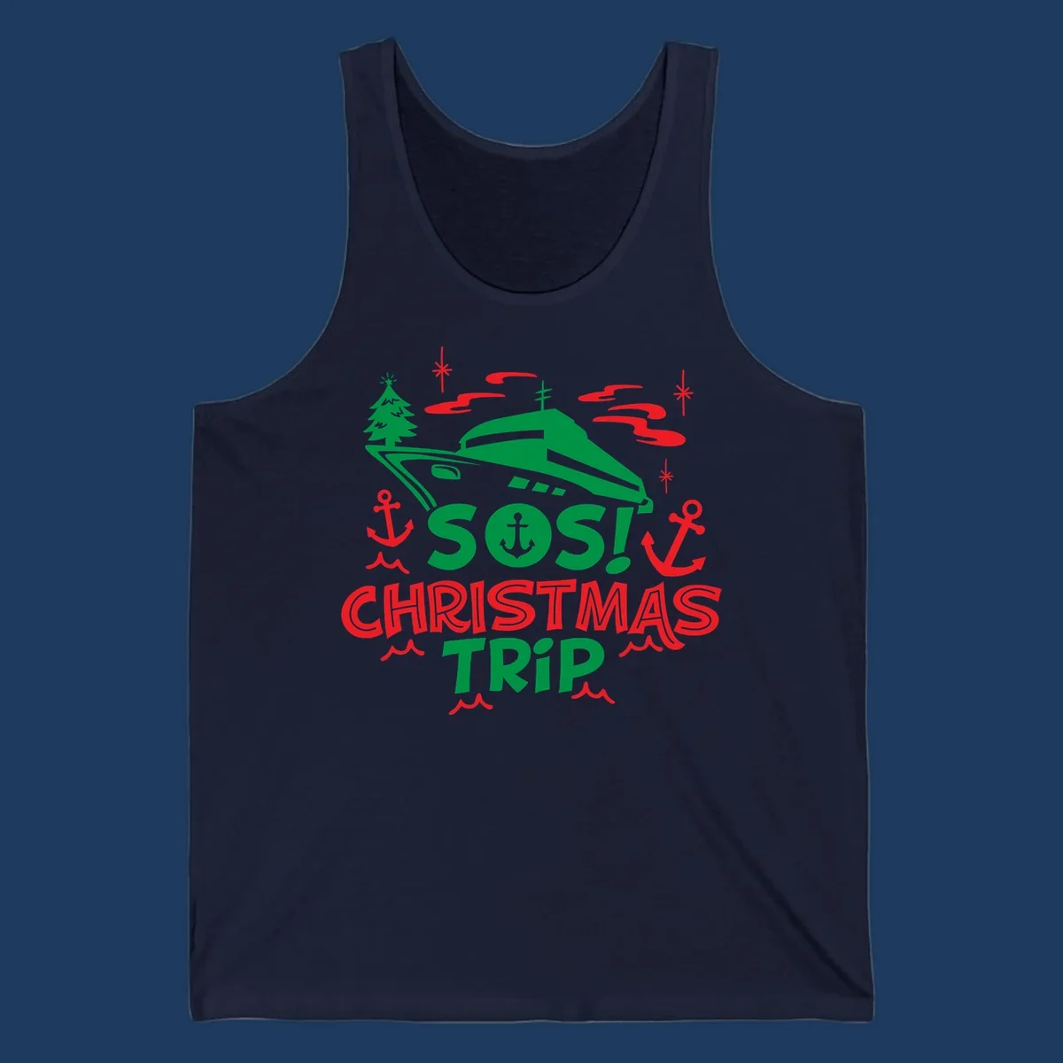 SOS Christmas cruise trip design with green ship, red anchors, Christmas trees, and festive nautical elements on gray background