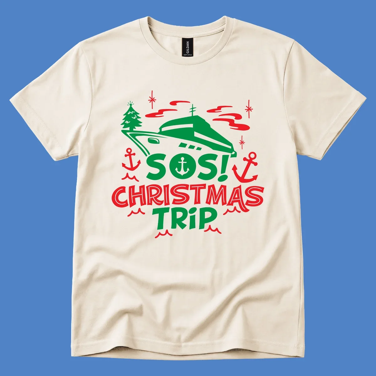 SOS Christmas cruise trip design with green ship, red anchors, Christmas trees, and festive nautical elements on gray background