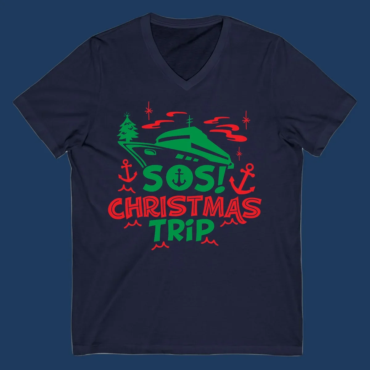 SOS Christmas cruise trip design with green ship, red anchors, Christmas trees, and festive nautical elements on gray background